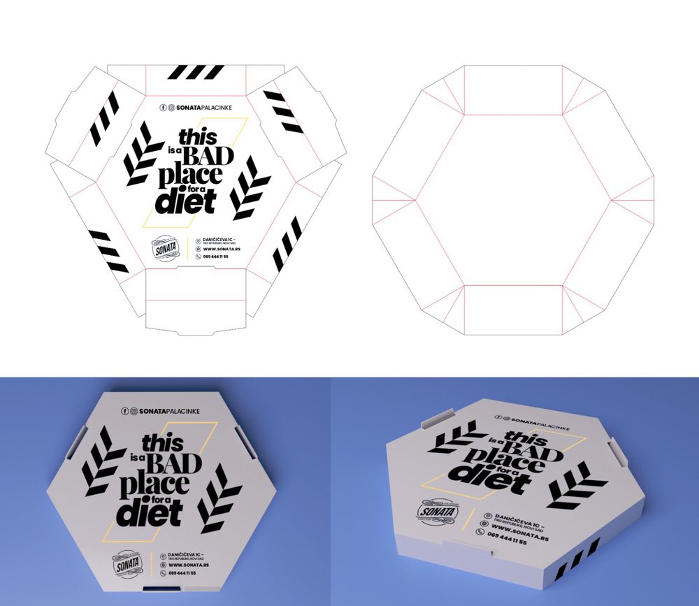 Hexagonal pancake box - folding template and finished artwork