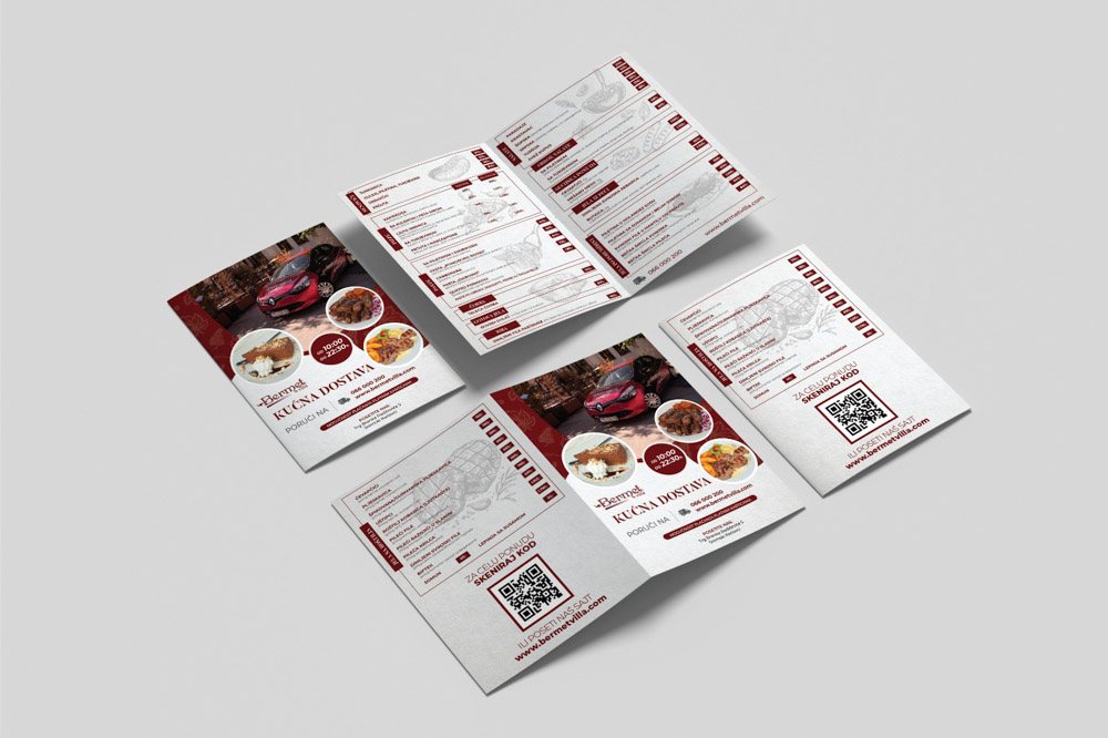 Four-page folded flyer with a price list and QR code