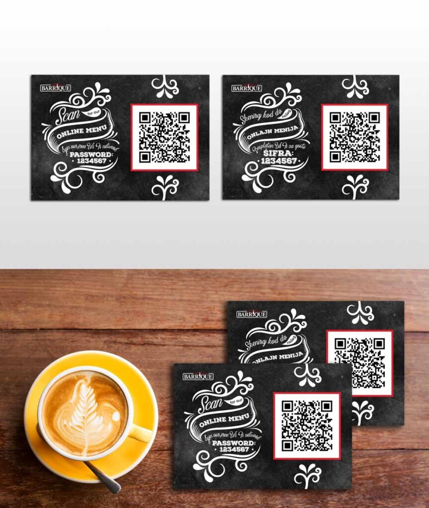 Table card with a QR code for the online menu and Wi-Fi network