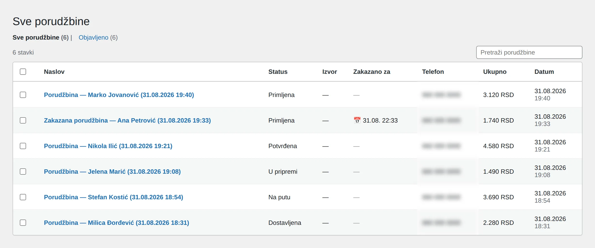 Lista porudžbina plugina Food Ordering Now u WordPress adminu: naslov porudžbine, status, zakazano vreme, broj telefona i iznos za svaku porudžbinu.