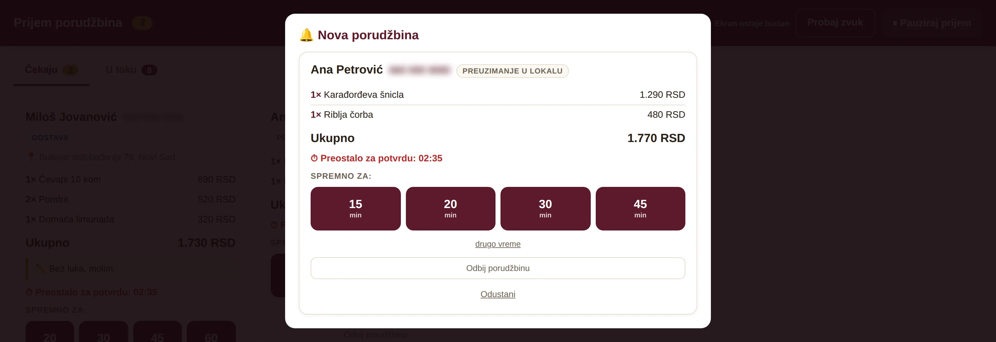 Lista porudžbina plugina Food Ordering Now u WordPress adminu: naslov porudžbine, status, zakazano vreme, broj telefona i iznos za svaku porudžbinu.