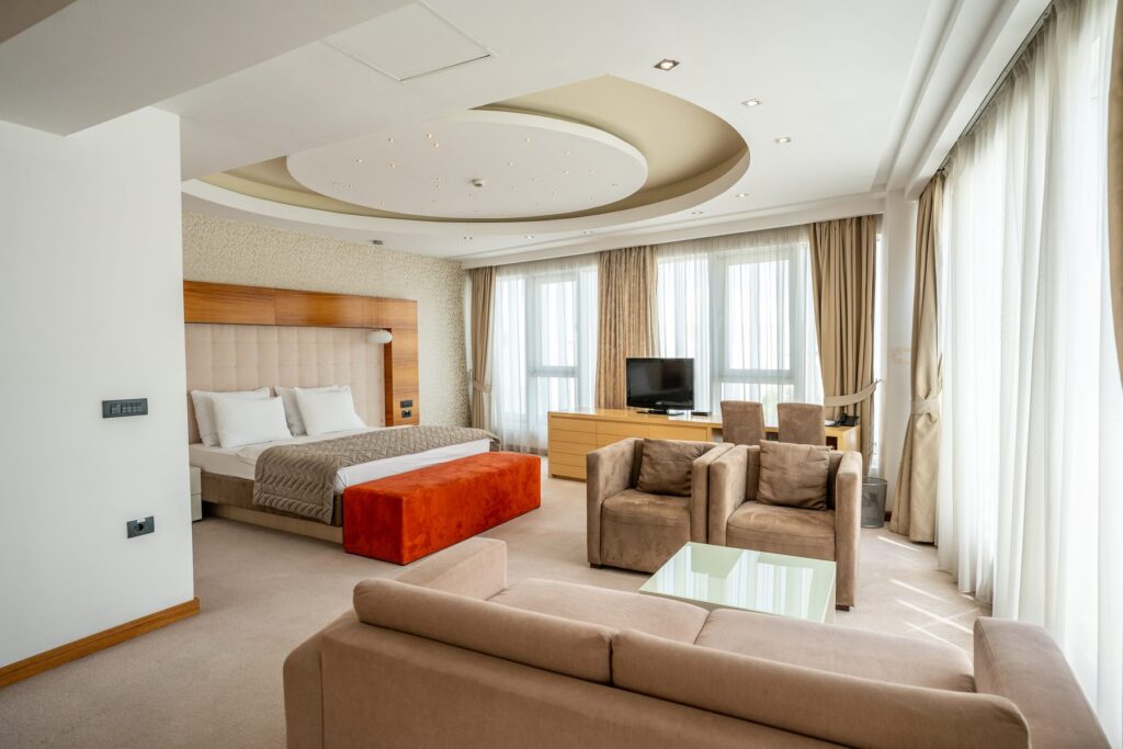 Hotel room with a bed and a seating area