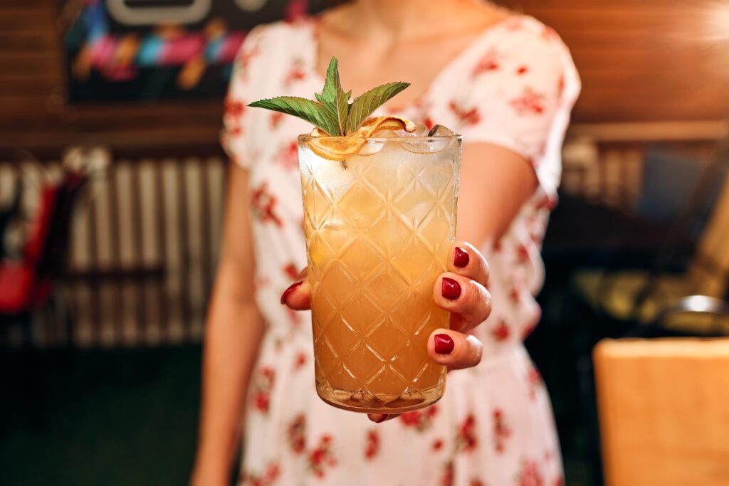 Cocktail with dried lemon and mint in a guest's hand