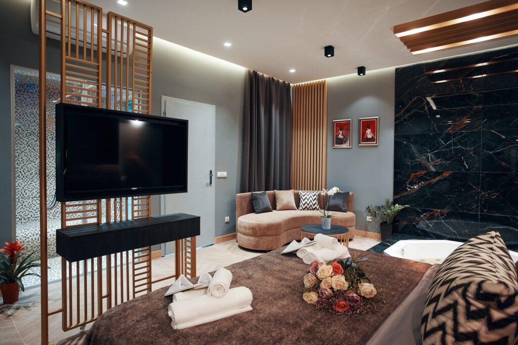 Apartment living room with a sofa and a television