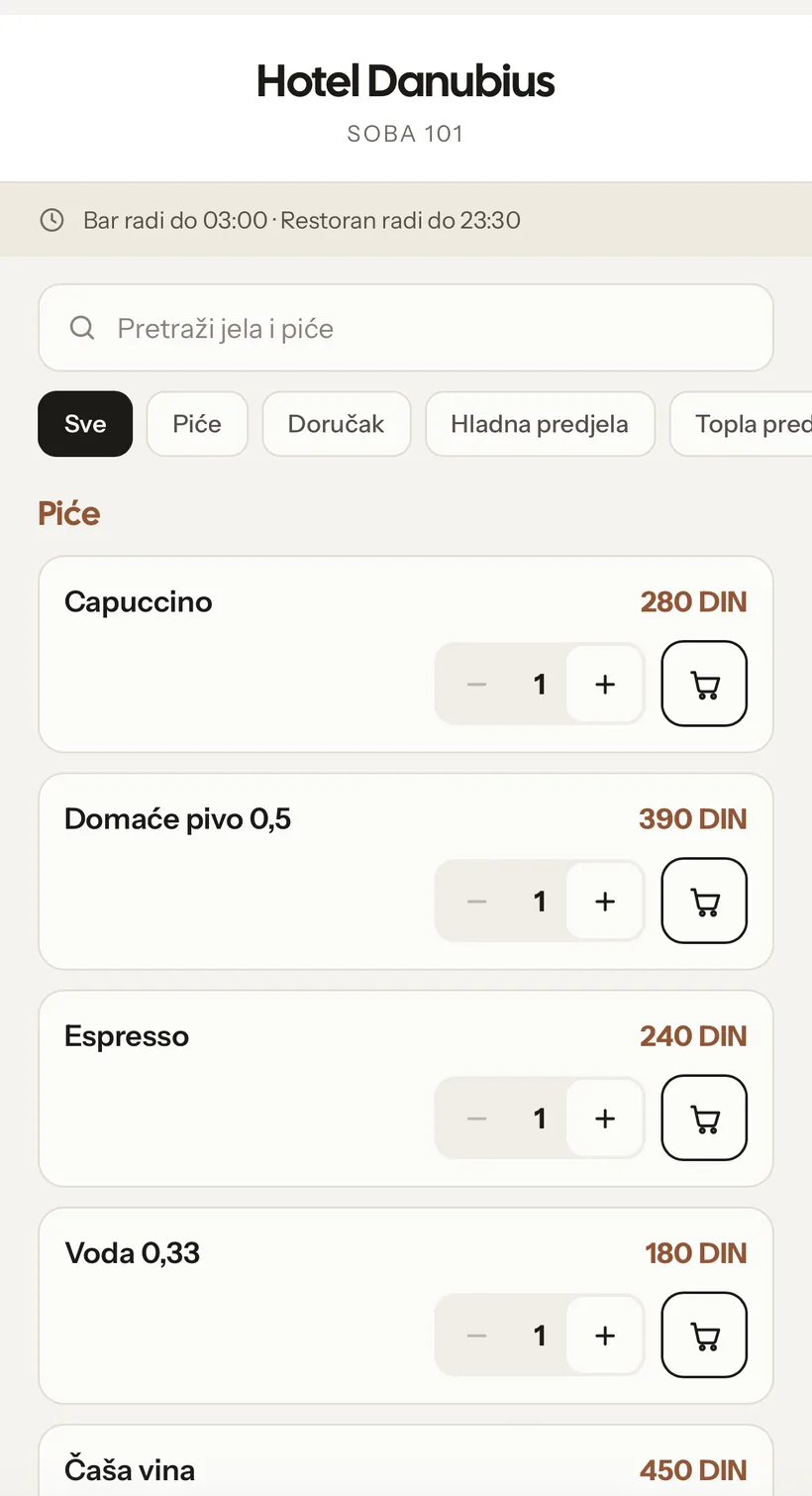 Meni Room Service Now na telefonu gosta, soba 101
